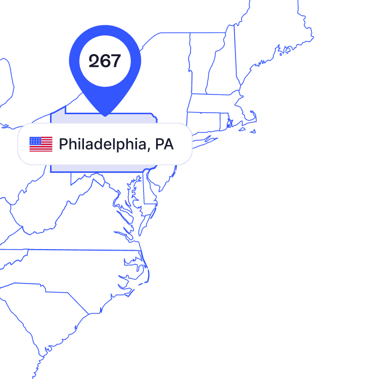 US map of 267 area code phone numbers and its coverage region