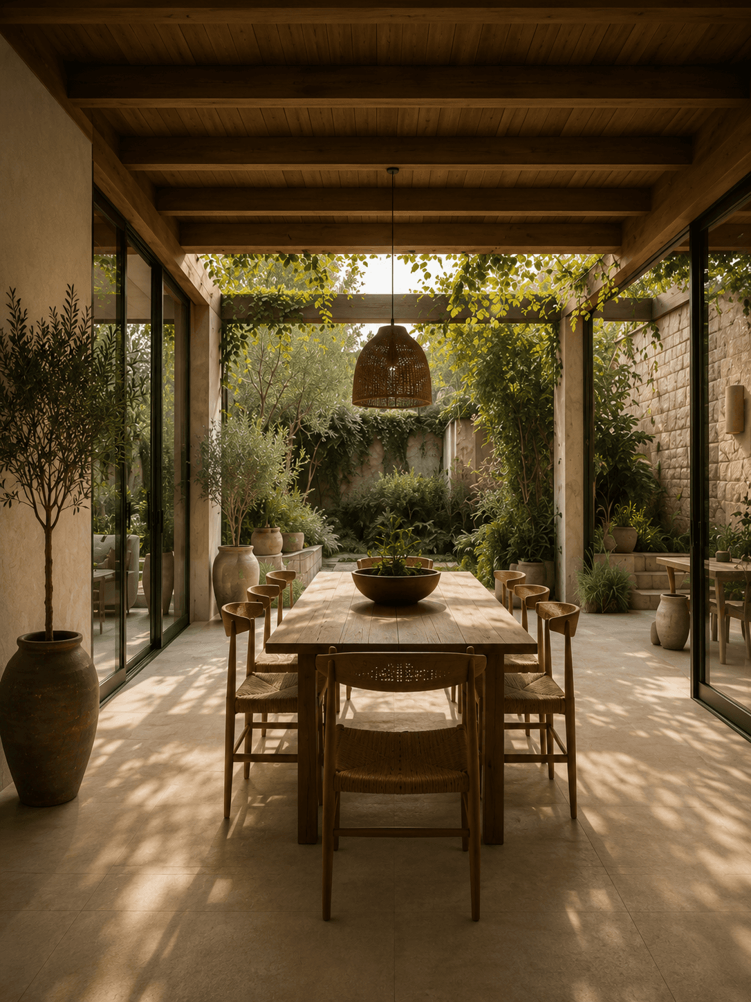 Serene sunlit Mediterranean dining space