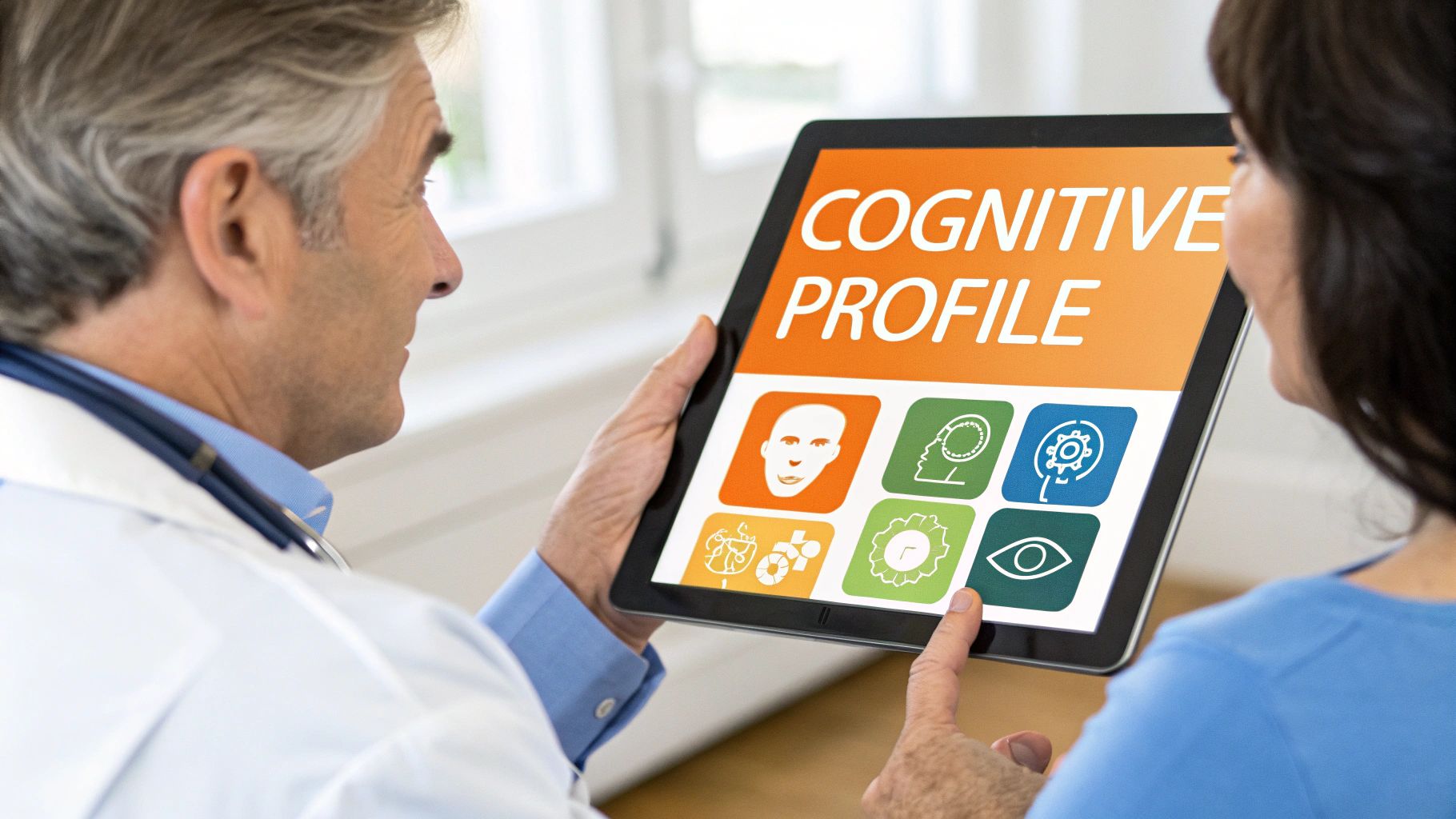 Doctor and patient reviewing a 'Cognitive Profile' on a tablet, showing various brain and health icons.