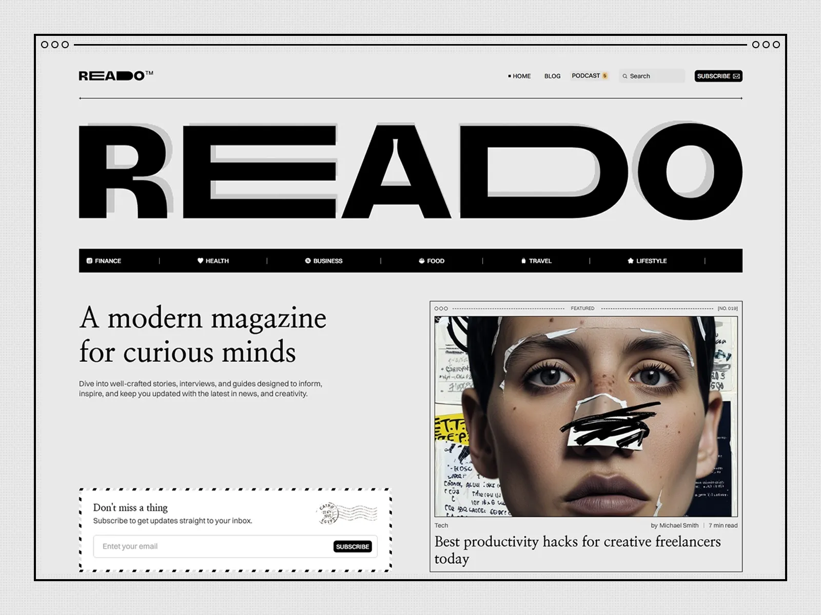 Reado reading-focused blog template with bold typography, category tabs, featured article, and subscribe form.