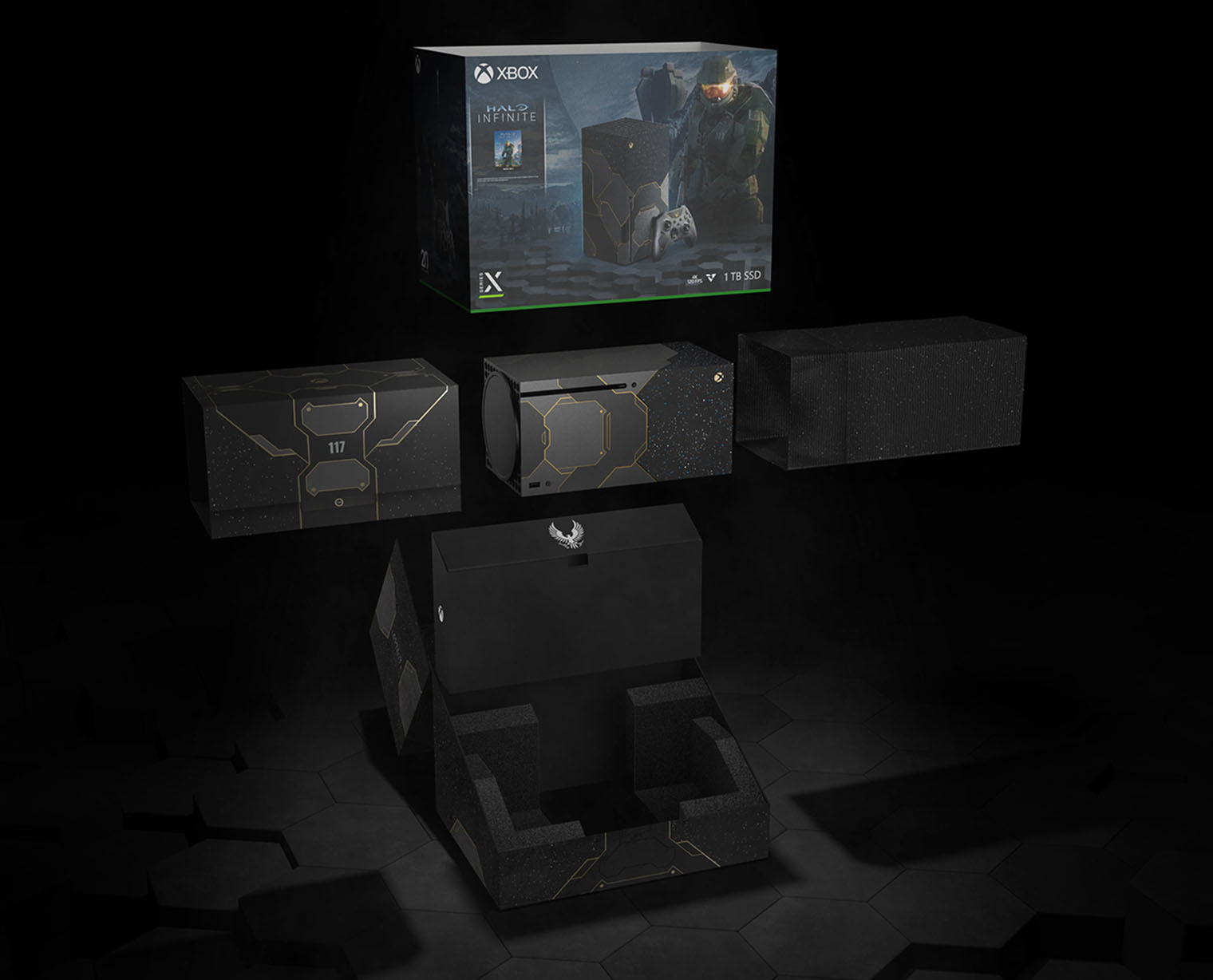 A blowup of the Halo Infinite branded limited edition console box showing all the parts of the packaging
