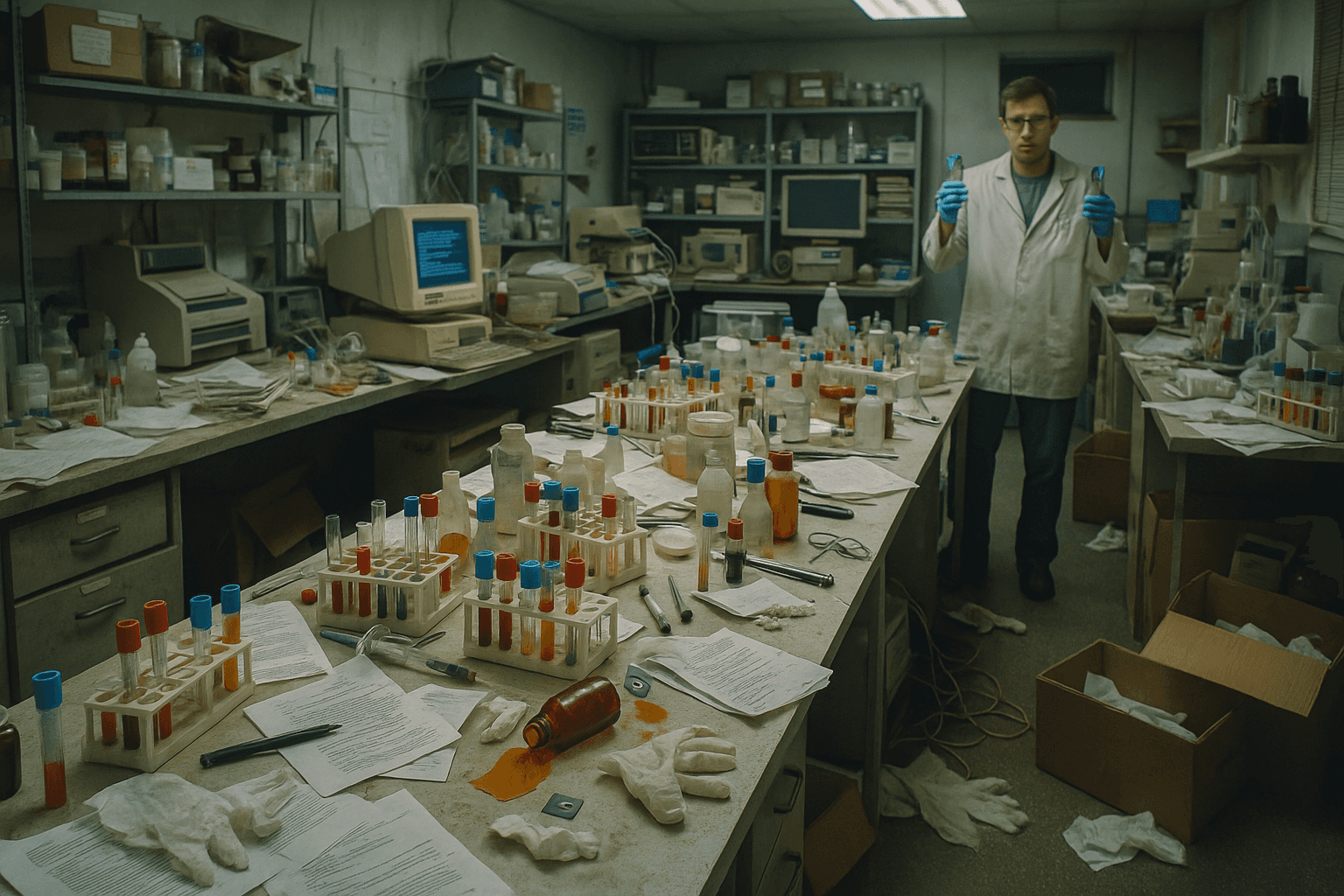 Laboratório desorganizado com tubos misturados, bancadas sujas, equipamentos antigos e materiais espalhados, ilustrando um ambiente caótico e propenso a erros laboratoriais.