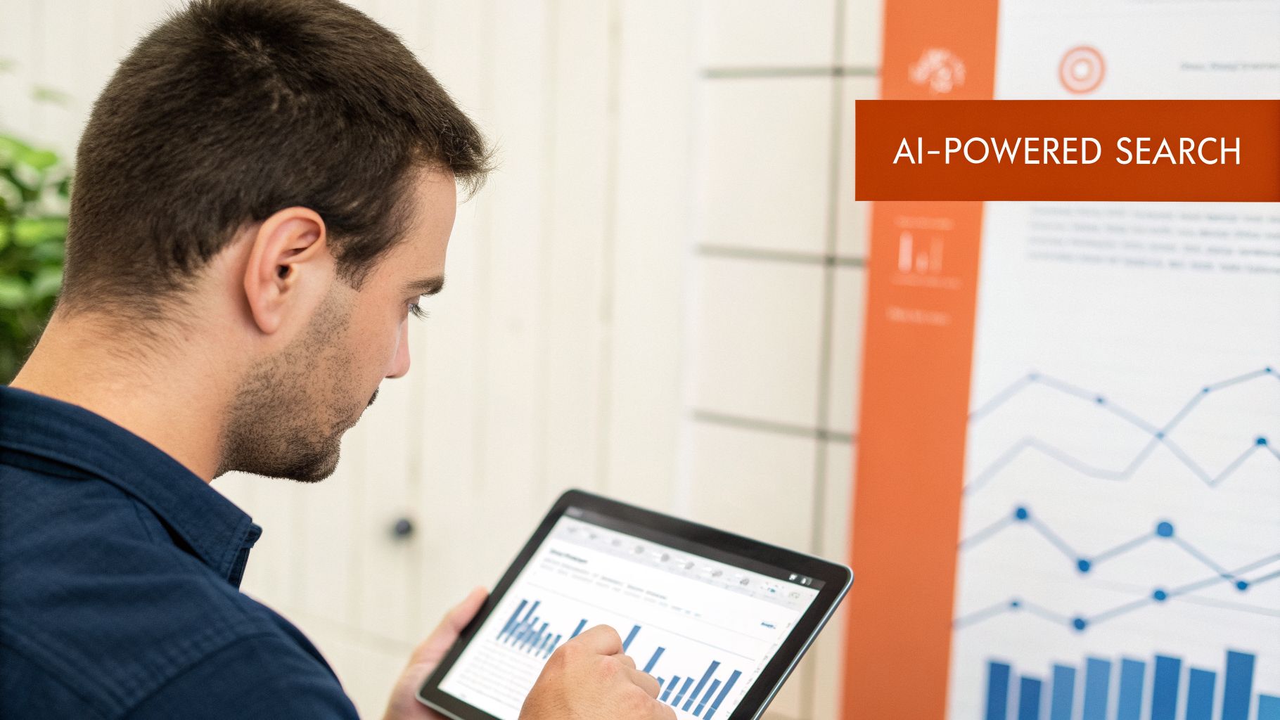A man in a blue shirt looks at a tablet displaying business graphs, with 
