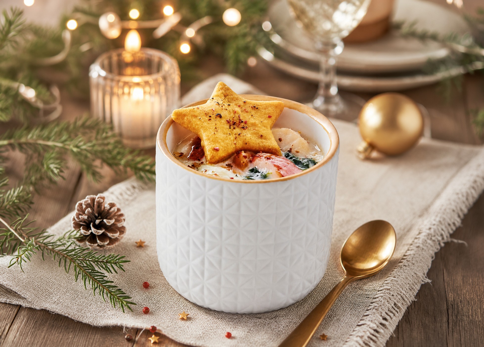 Mug en céramique blanche à relief géométrique garni d'une préparation festive surmontée d'un cracker étoile, décoration de Noël avec bougies et sapins