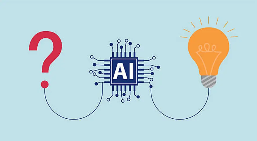 AI concept illustration showing confusion to clarity with question mark, AI chip, and light bulb idea.
