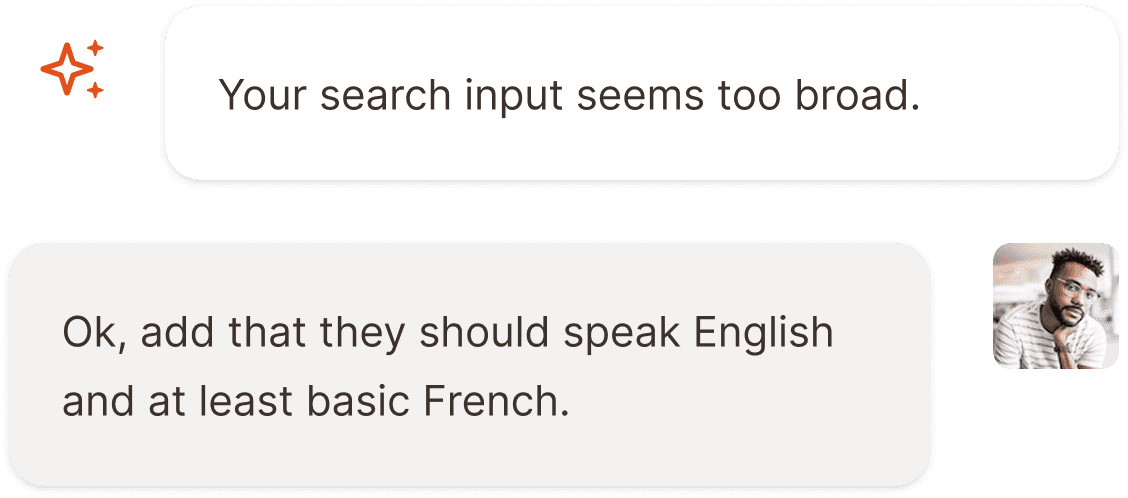 A screenshot of the AI telling that the user's search input is too broad, after which the user adds two additional language requirements