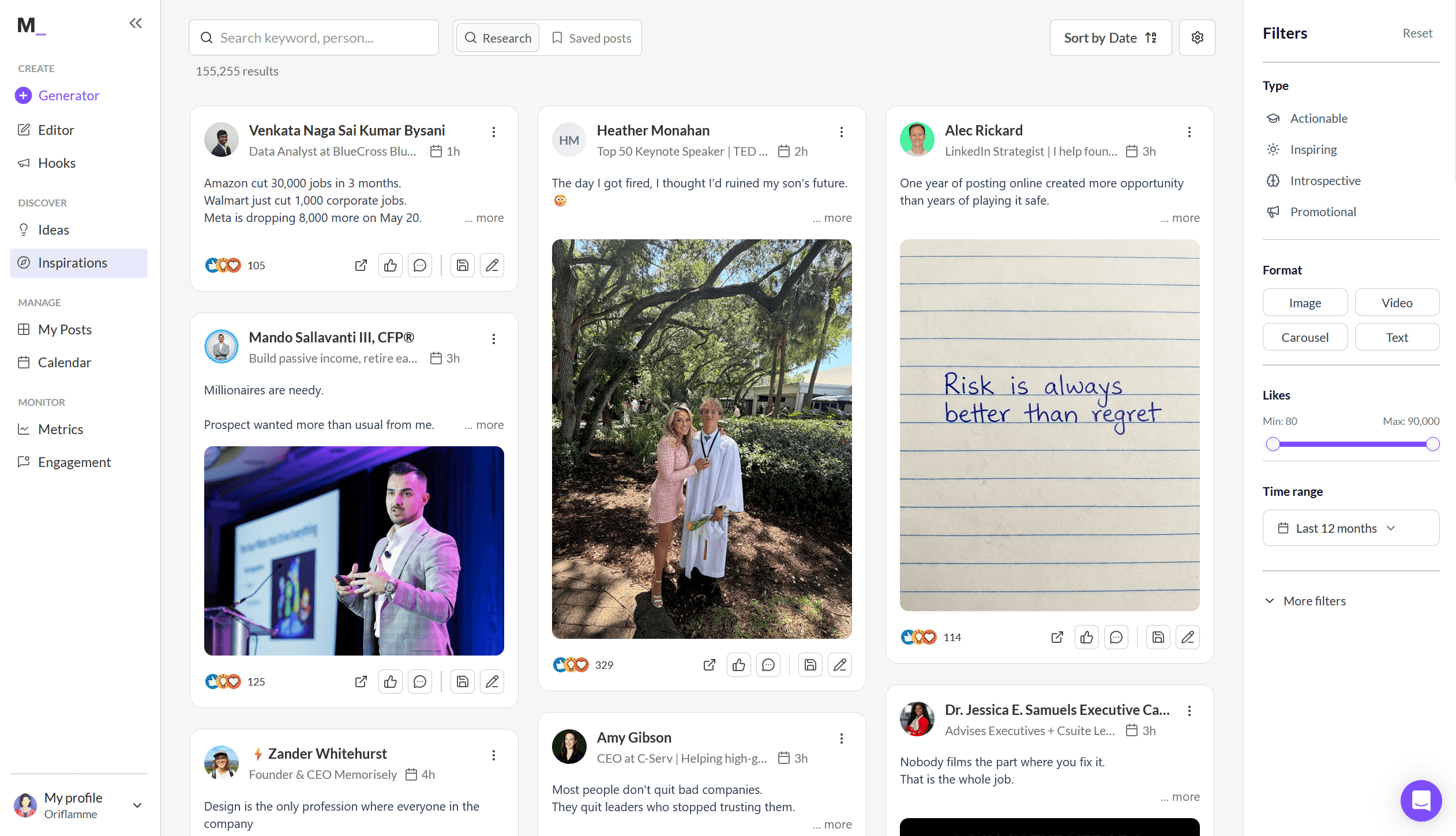 A screenshot of MagicPost's inspiration library, displaying different LinkedIn posts the user can use as a reference for their own AI generated posts