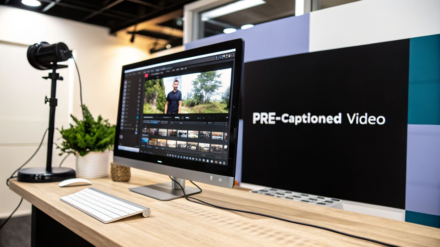 A desk setup with two monitors, one showing video editing software and the other displaying 'PRE-Captioned Video'.
