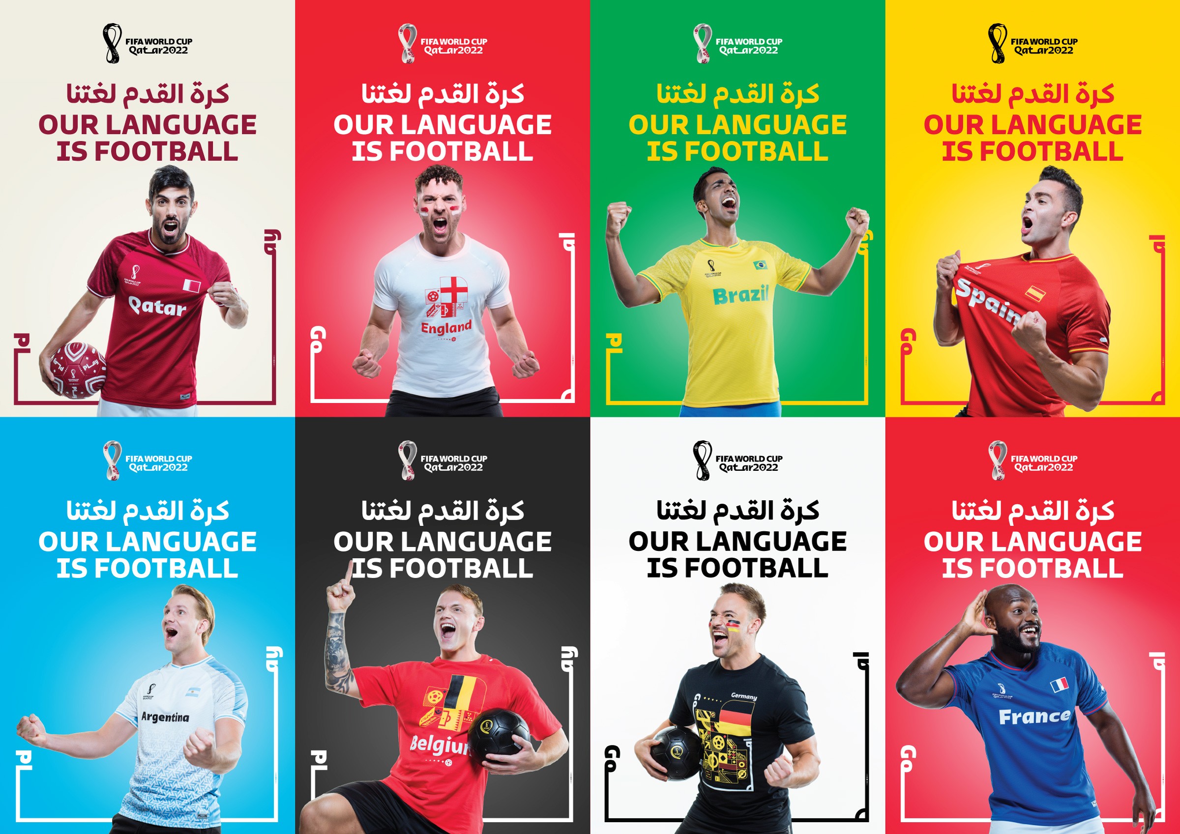 Eight key visuals from the "Our Language Is Football" campaign, each a fan in a different national kit on a bold colour field with bilingual lockup.