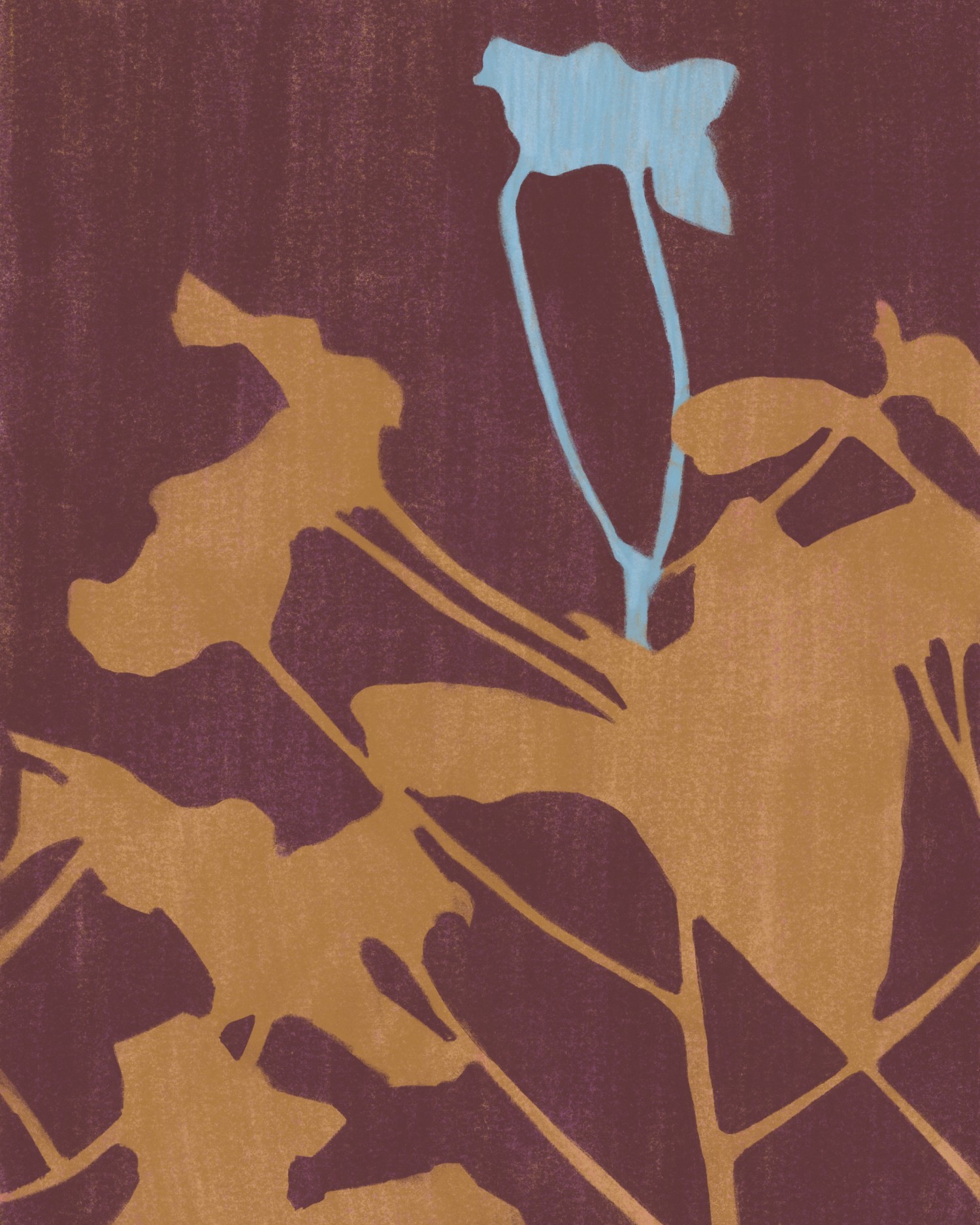 Ochre leaf silhouettes and a single light-blue flower on a burgundy background — "Botanical Composition 04" by Katarzyna Księżopolska