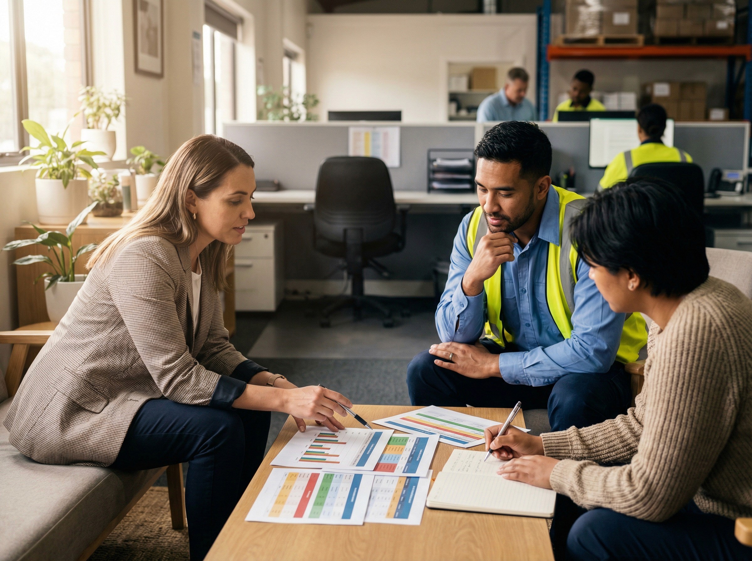 A team of three workers collaborate on a series of work papers. One of the workers sports a high-vis vest.