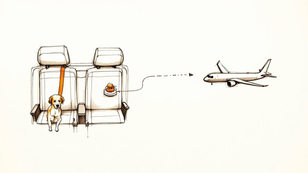 A sketch shows a dog sitting in airplane seats, with a line leading to a flying plane.
