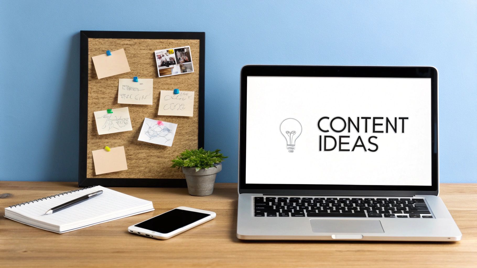 A creative desk setup featuring a laptop with 'Content Ideas', a cork board, and office supplies.