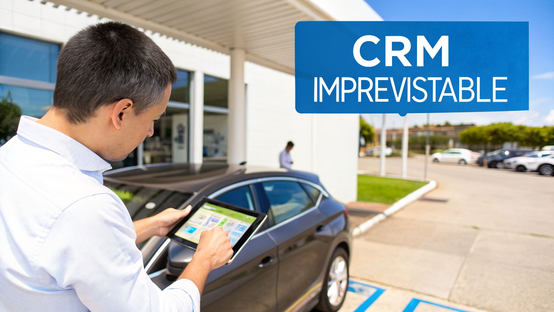 Hombre consultando un sistema CRM en una tablet junto a un coche moderno en un concesionario.