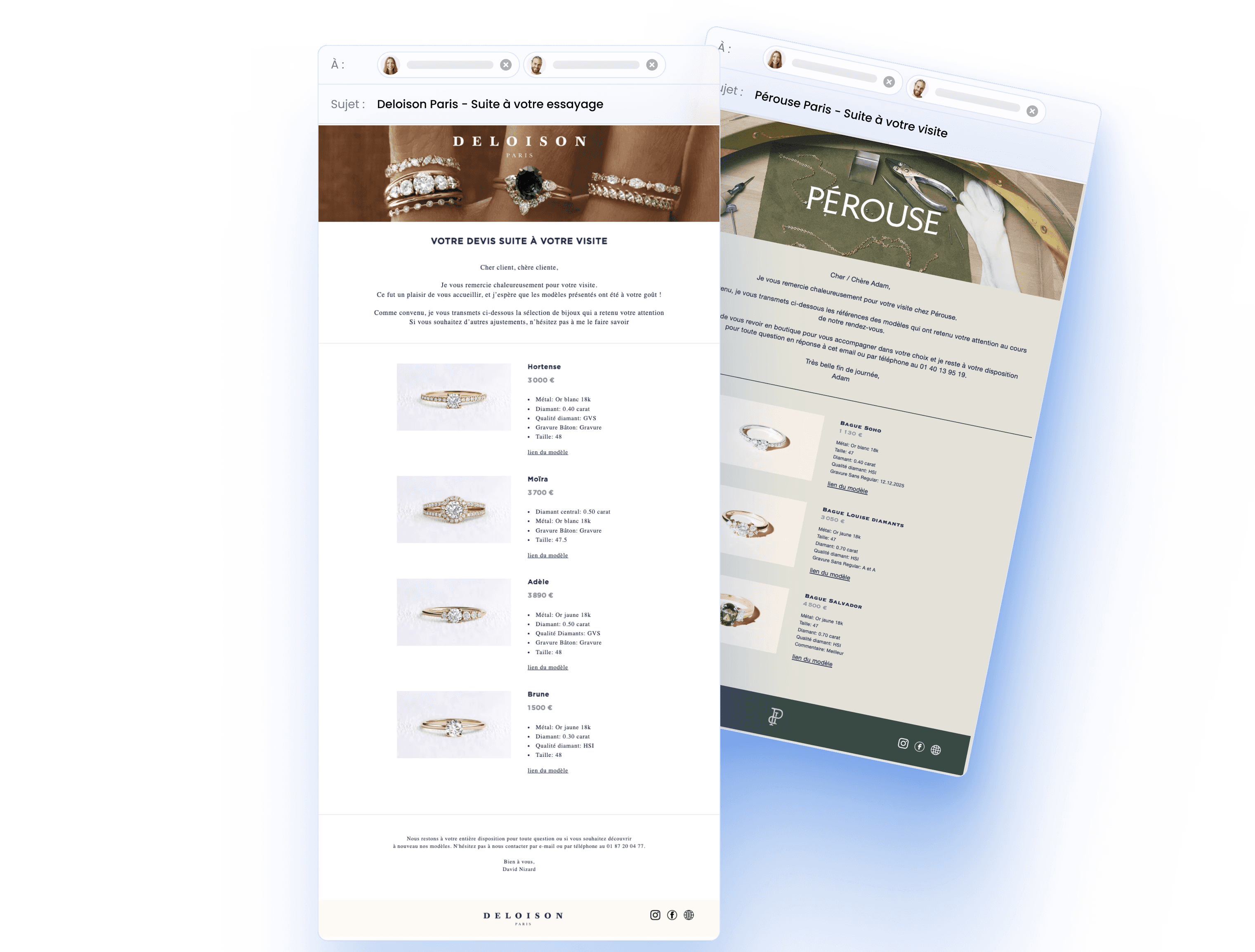 Exemple de 3 devis 2.0 envoyé par mail. GemFlow est un outil de création de devis à destination des joalliers et bijoutiers.