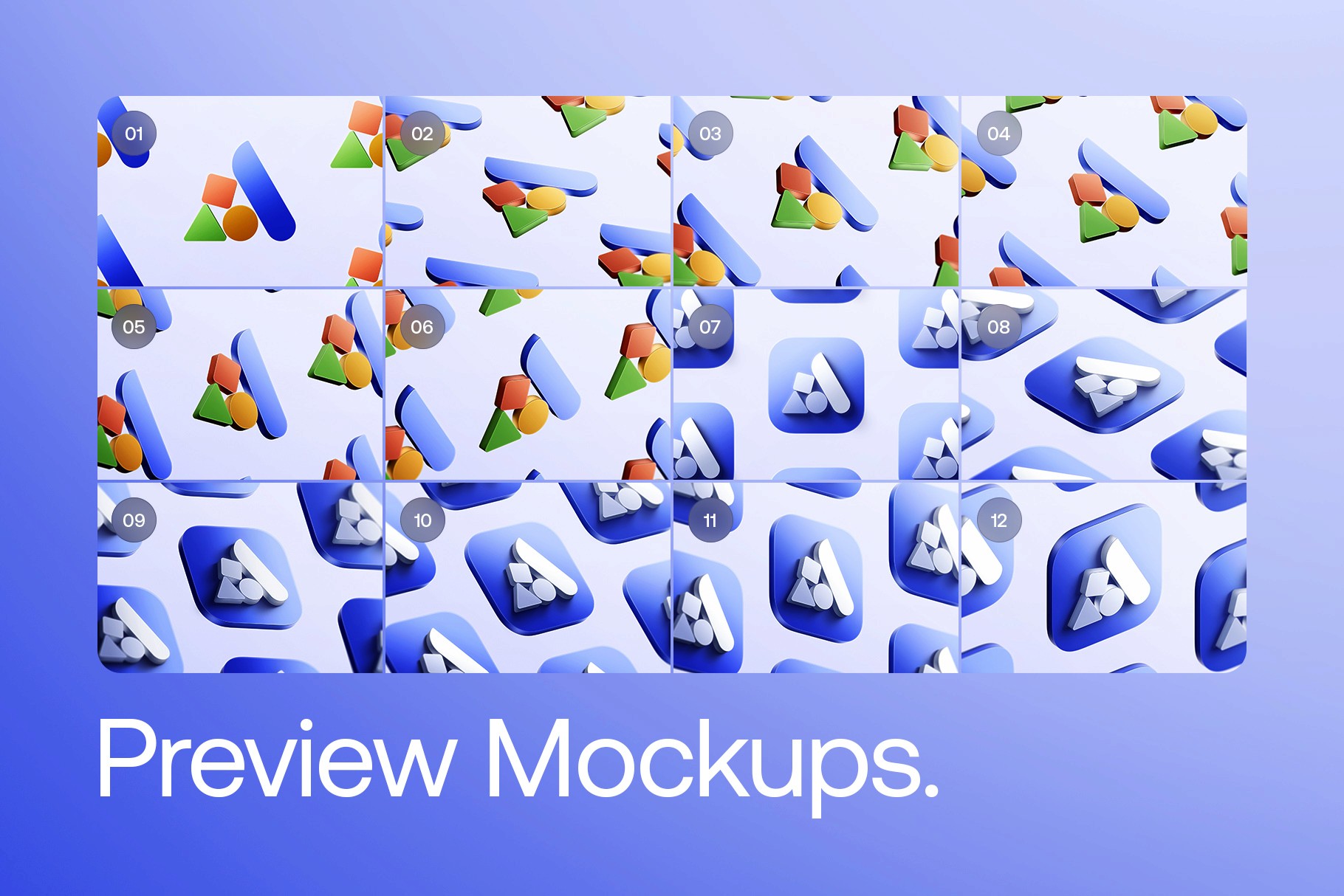 Grid layout showing multiple small preview mockups of 3D app icons and logos.