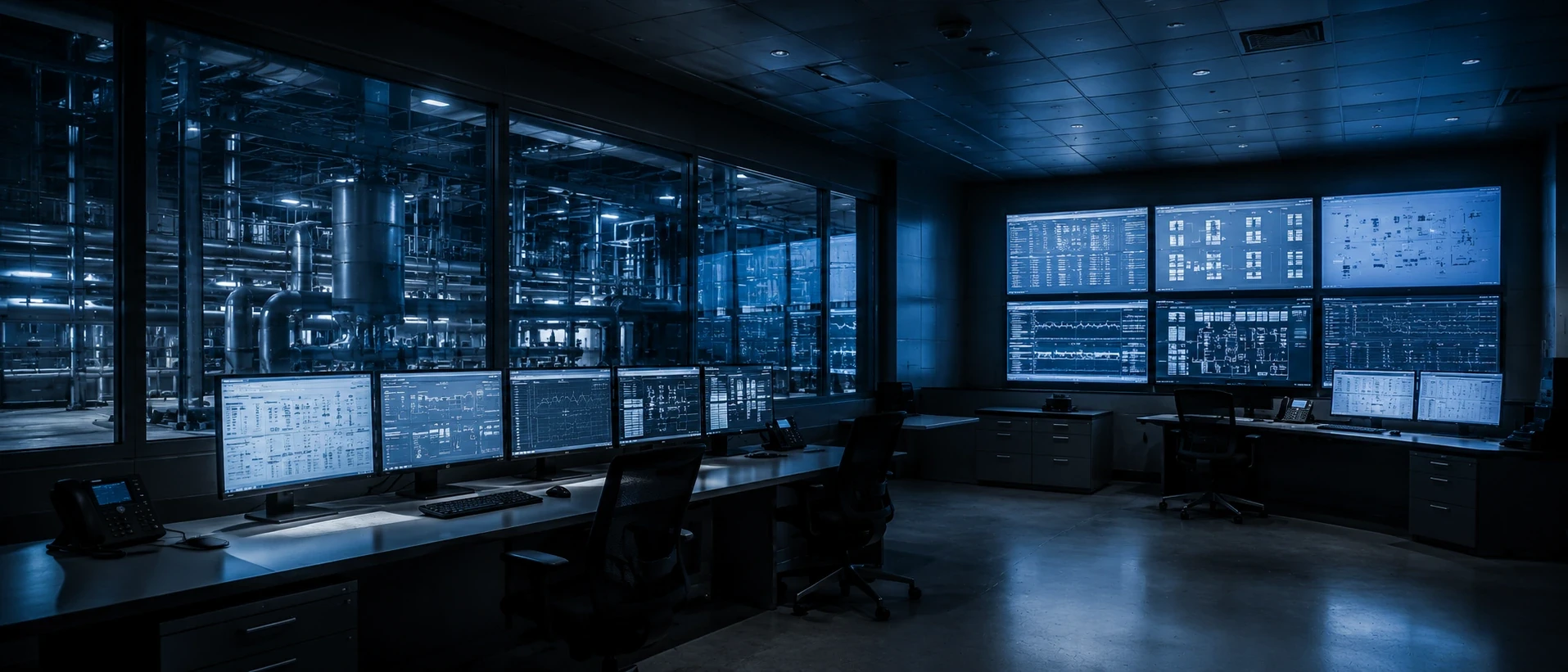 Commissioning control room with monitoring screens