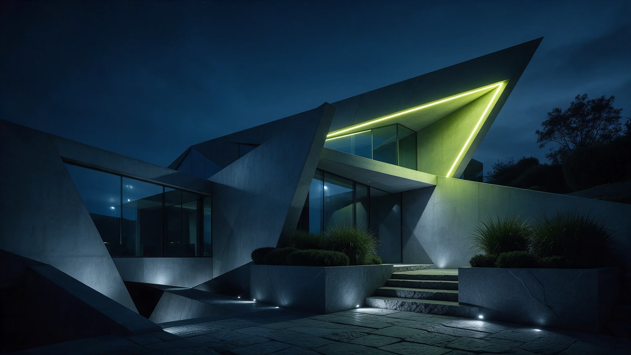 Dramatic modern building at night with a green light along one edge