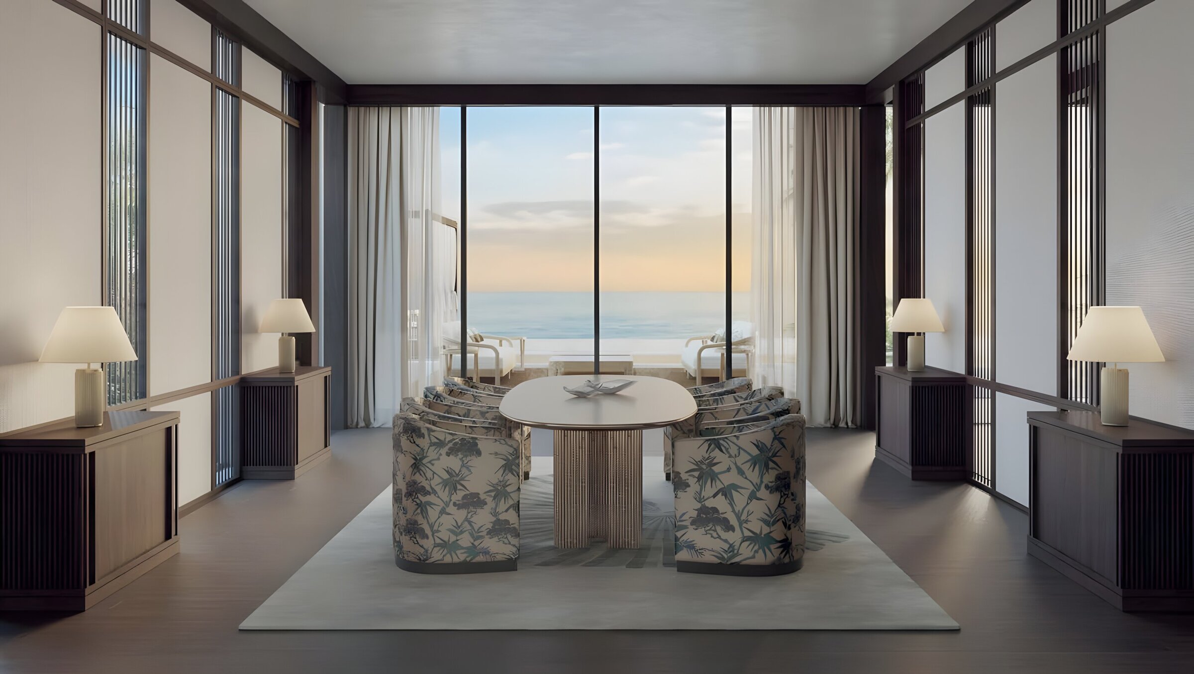 Modern dining room with bespoke furniture; a masterclass in luxury residential design.