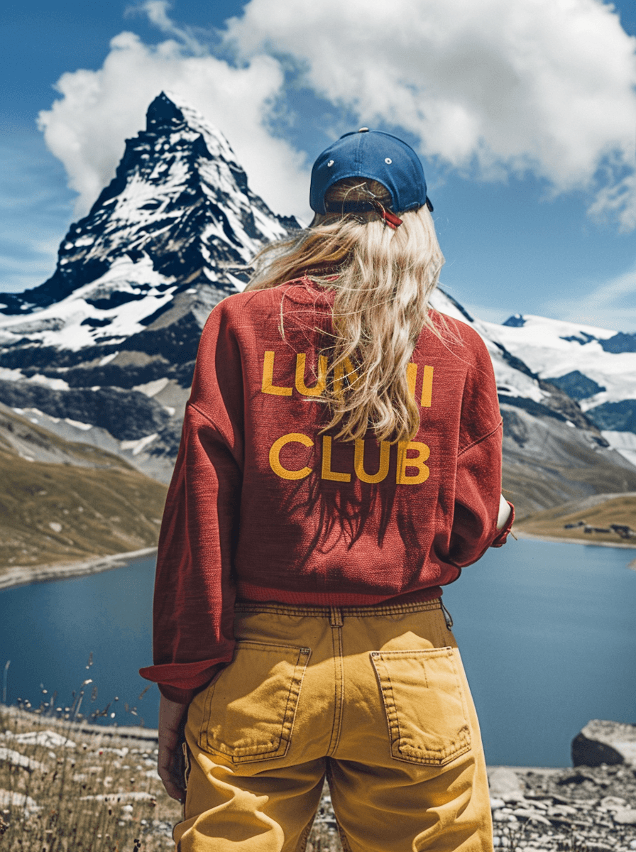 A person with long hair stands facing a mountain, wearing a red sweatshirt and yellow pants, with a lake in the background.
