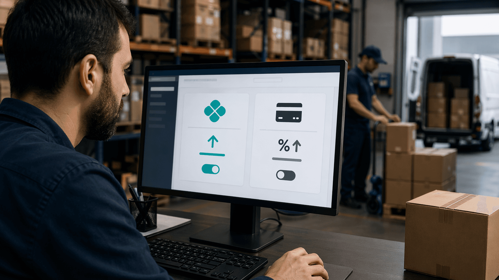 Homem trabalhando em um computador em um ambiente de armazém, com prateleiras de caixas ao fundo. Na tela, aparece uma interface de sistema com opções de pagamento, incluindo ícones que representam Pix e cartão, além de indicadores de ajuste de valores. Ao fundo, outro funcionário organiza caixas próximo a uma van de entrega.