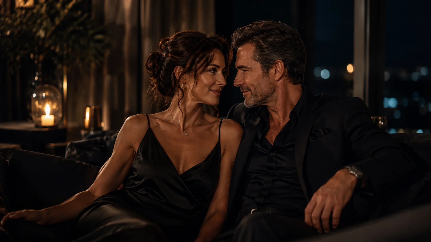 Man and woman sitting on the couch together, looking into each others eye, smiling