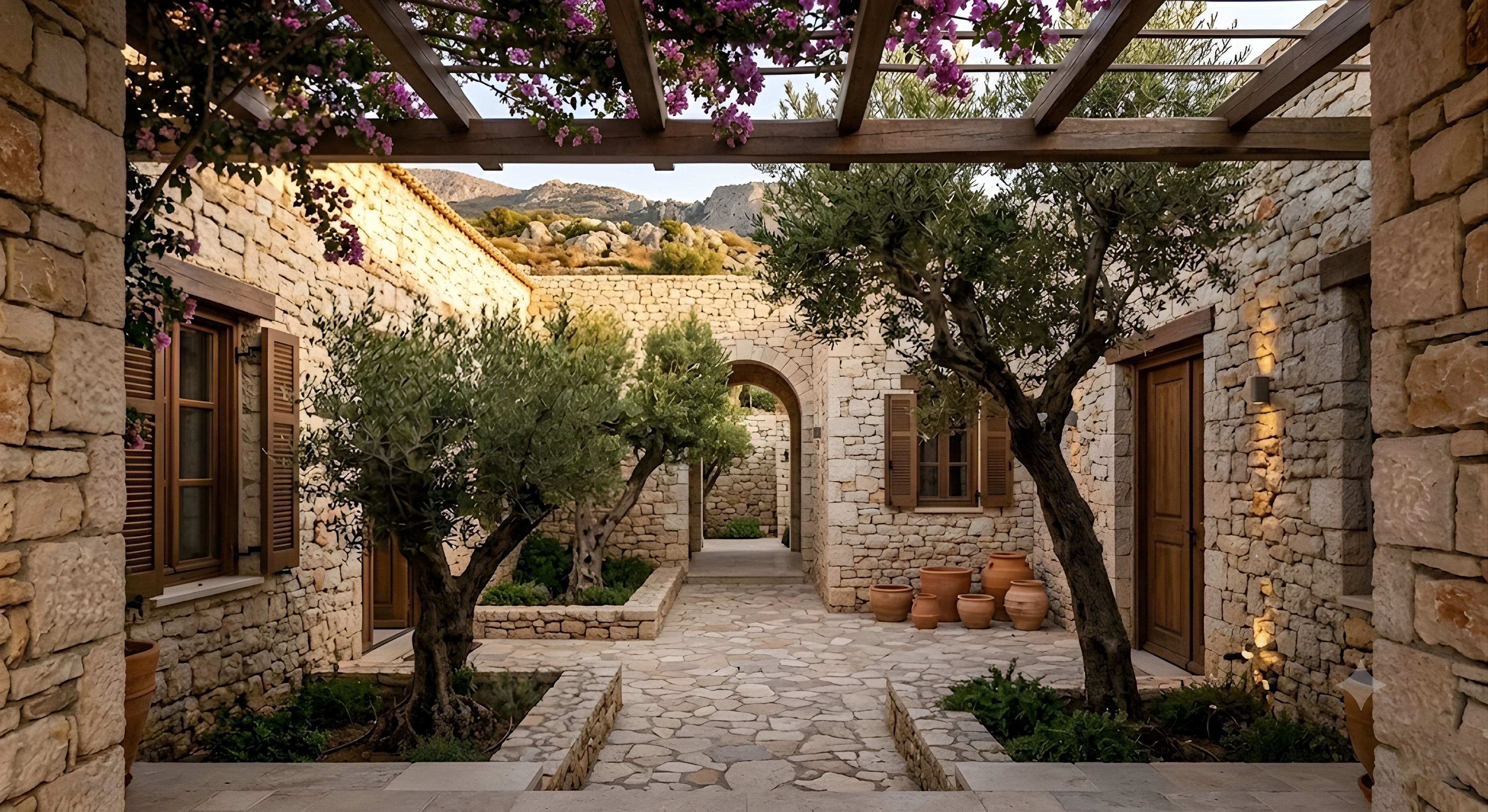 A rustic, stone-paved inner courtyard of a Mediterranean-style home framed by a wooden pergola interwoven with bright pink bougainvillea flowers. Twisted olive trees grow from stone planters alongside a cluster of terracotta clay pots, with a stone archway leading further down a pathway.