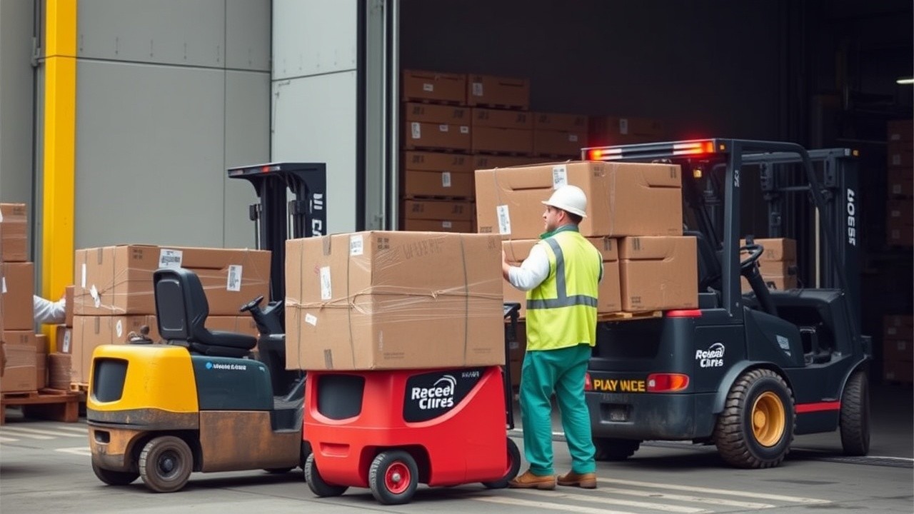 İşçiler, paketleri forkliftlerle taşıyor.