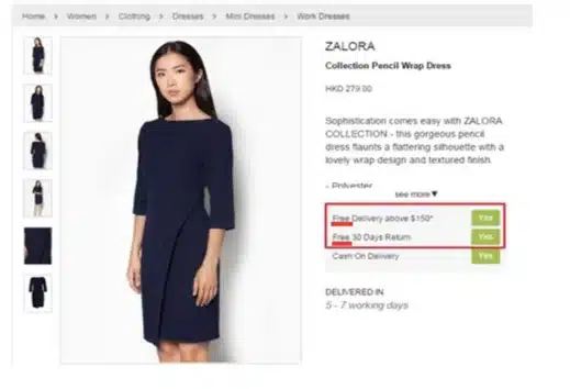 Zalora product page variant stressing free delivery and free returns, which raised the checkout rate