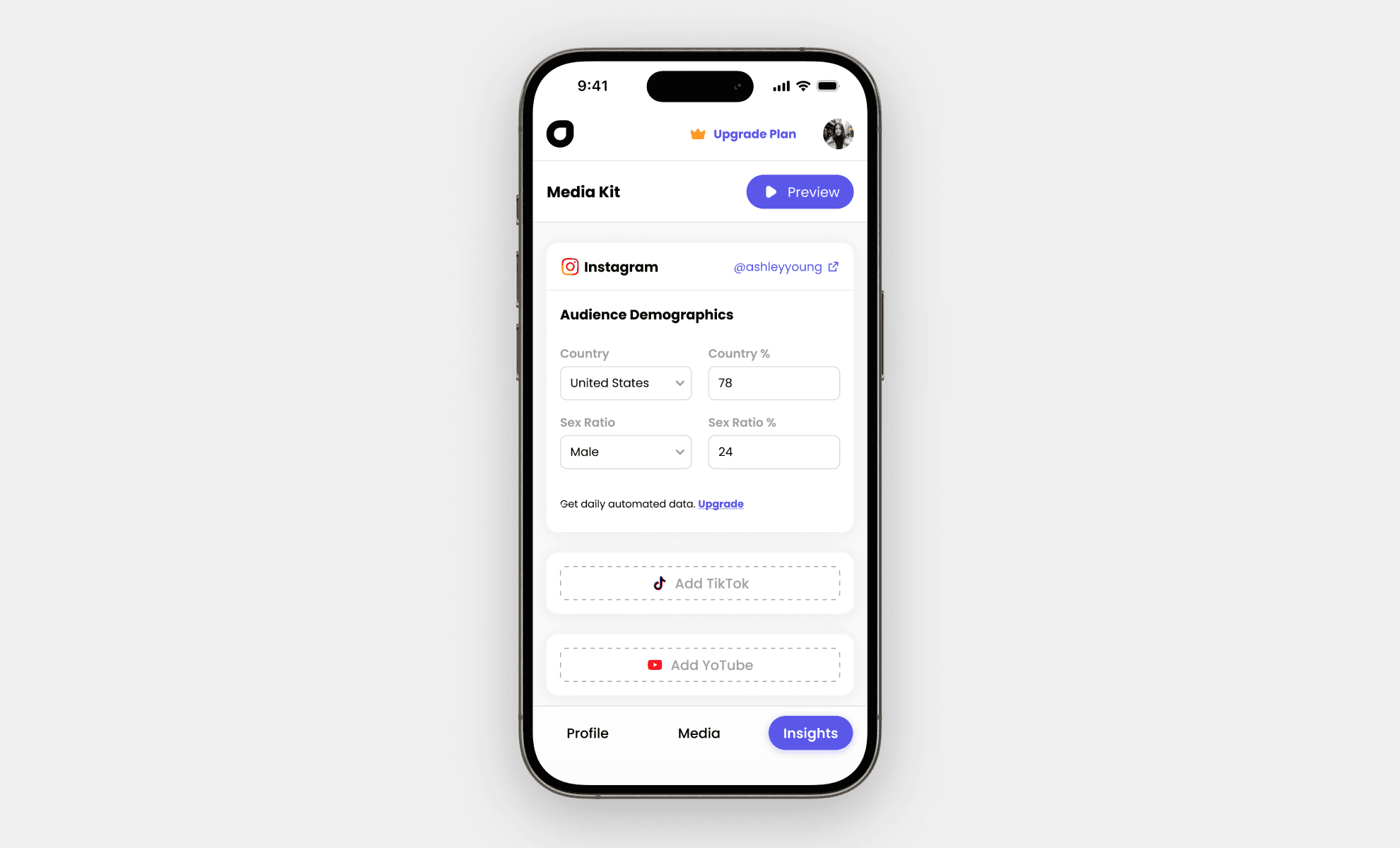 MVP-Media-Kit-Insights: An analytics input screen displaying Instagram data like audience demographics, gender, age ranges, and the ability to add more social platforms.