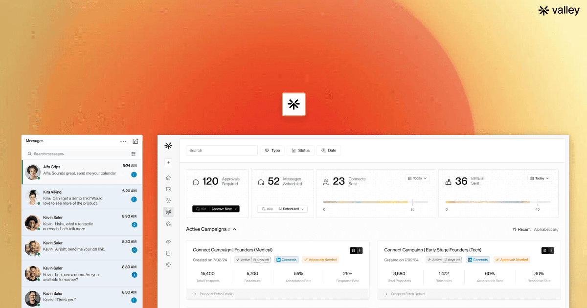 Dashboard view of Valley’s AI-powered LinkedIn automation platform showing campaign analytics, message approvals, and outreach performance metrics on a sleek orange gradient background.