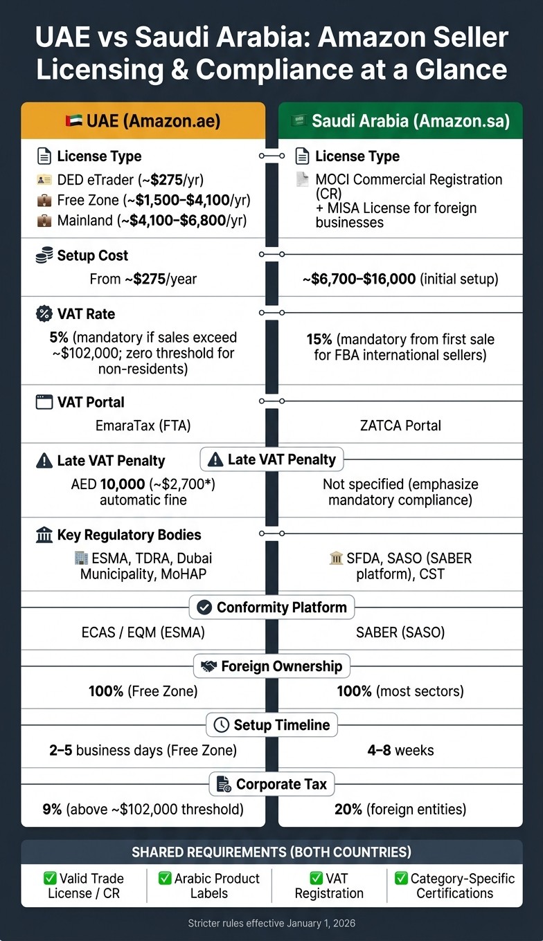 UAE vs Saudi Arabia: Amazon Seller Licensing & Compliance Guide