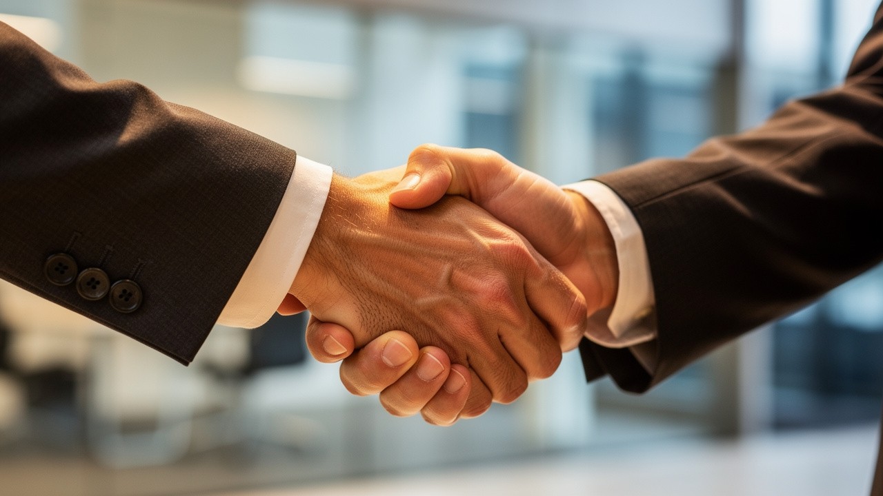 Business professionals shaking hands showing mutual respect
