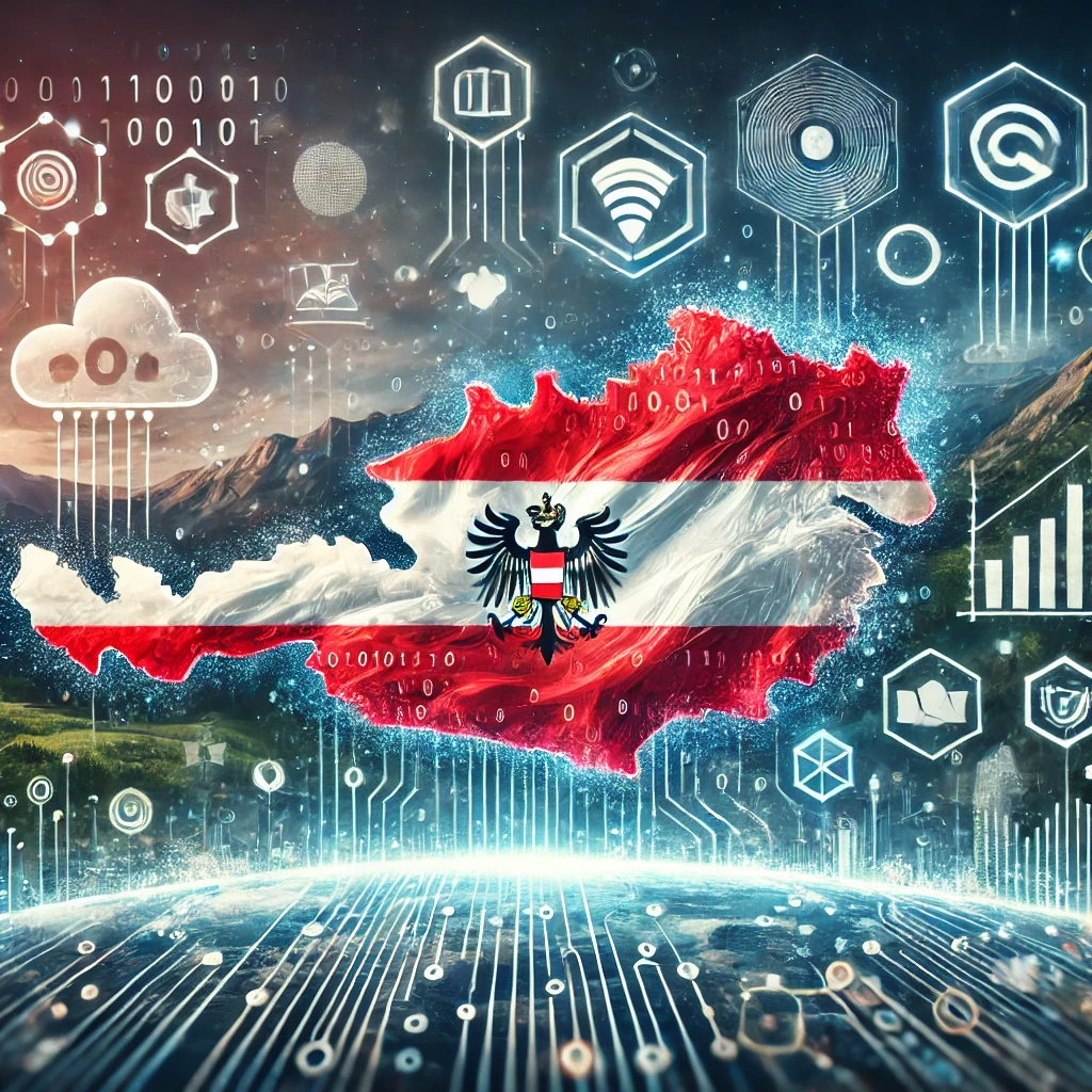 A digital illustration representing the digitalization efforts in Austria. The image features elements like the Austrian flag integrated with digital symbols such as binary code, network nodes, and modern technology icons like cloud, AI, and data analytics. The background includes a blend of the Austrian landscape with digital elements overlaying it, symbolizing the fusion of tradition and technology. The color scheme incorporates the red and white of the Austrian flag, with hints of blue and green to represent technology and innovation. The style is modern and sleek, suitable for a business and technology-focused audience.