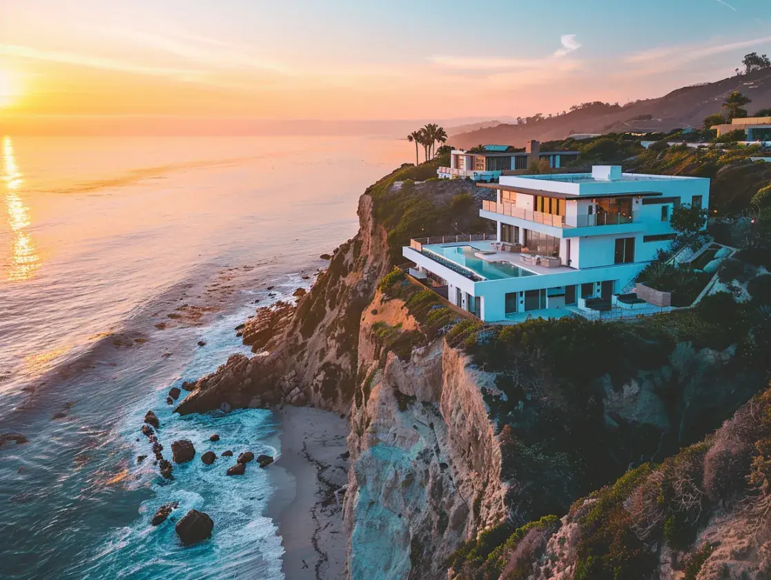 Arial view of a modern cliff-side home in Southern Calirornia at dusk.