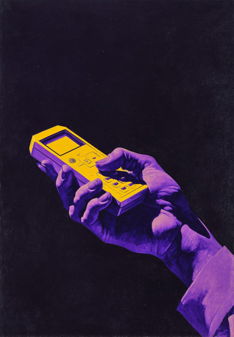 eine lila hand, der ein gelbes altes handy in der hand hält, retro-style