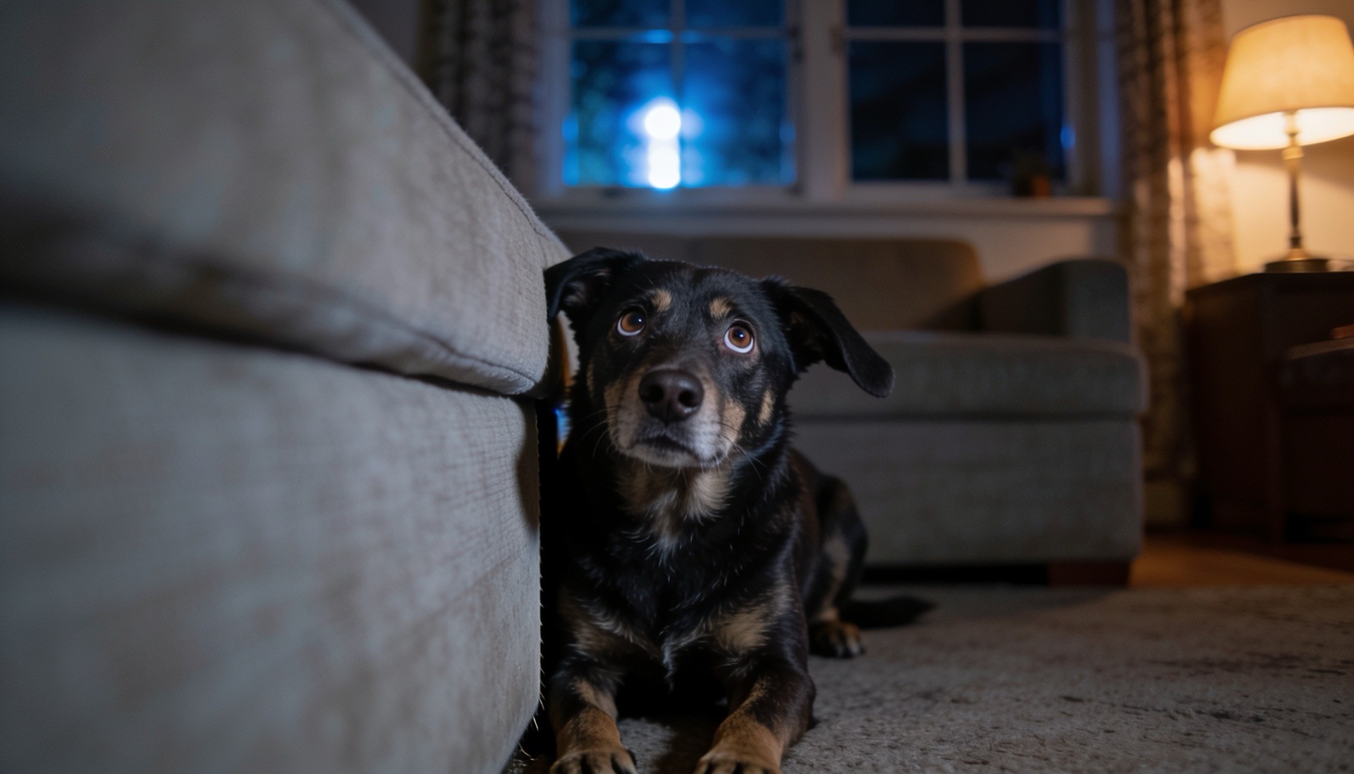Bange hond kruipt weg naast de bank tijdens vuurwerk