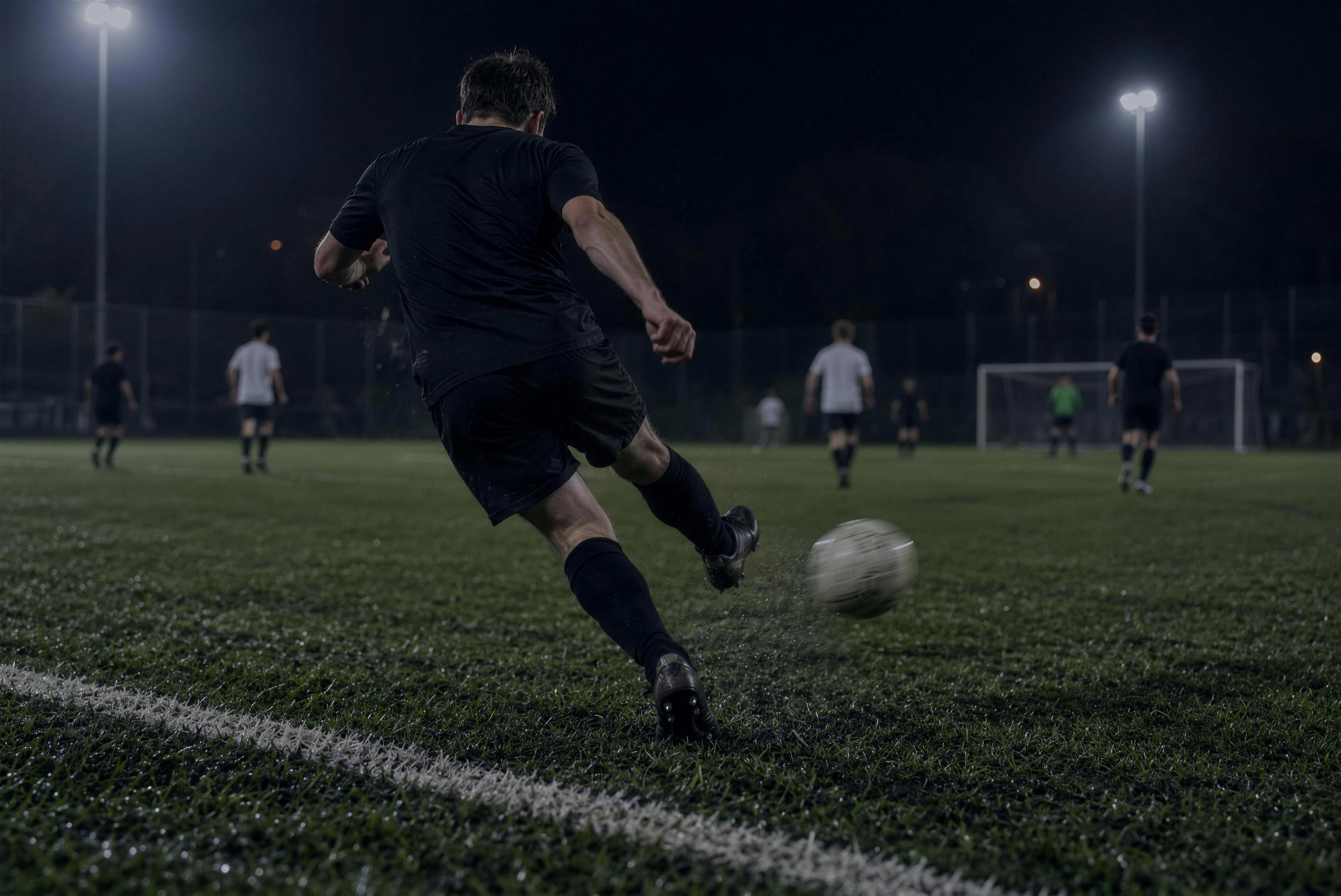 A Holbeck player striking the ball on the floodlit pitch during the opening match