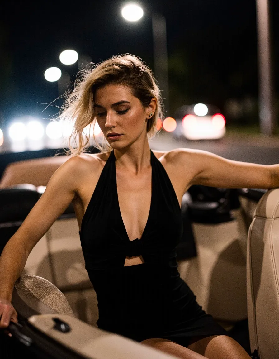 Woman in black halter dress poses elegantly by car during nighttime urban fashion photoshoot with city lights
