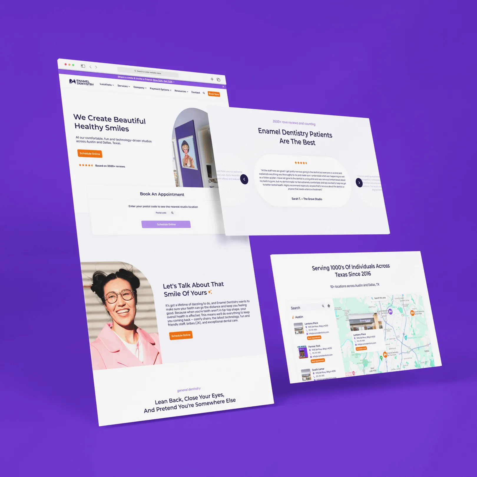 Enamel Dentistry website navigation and content layout from the completed creative project
