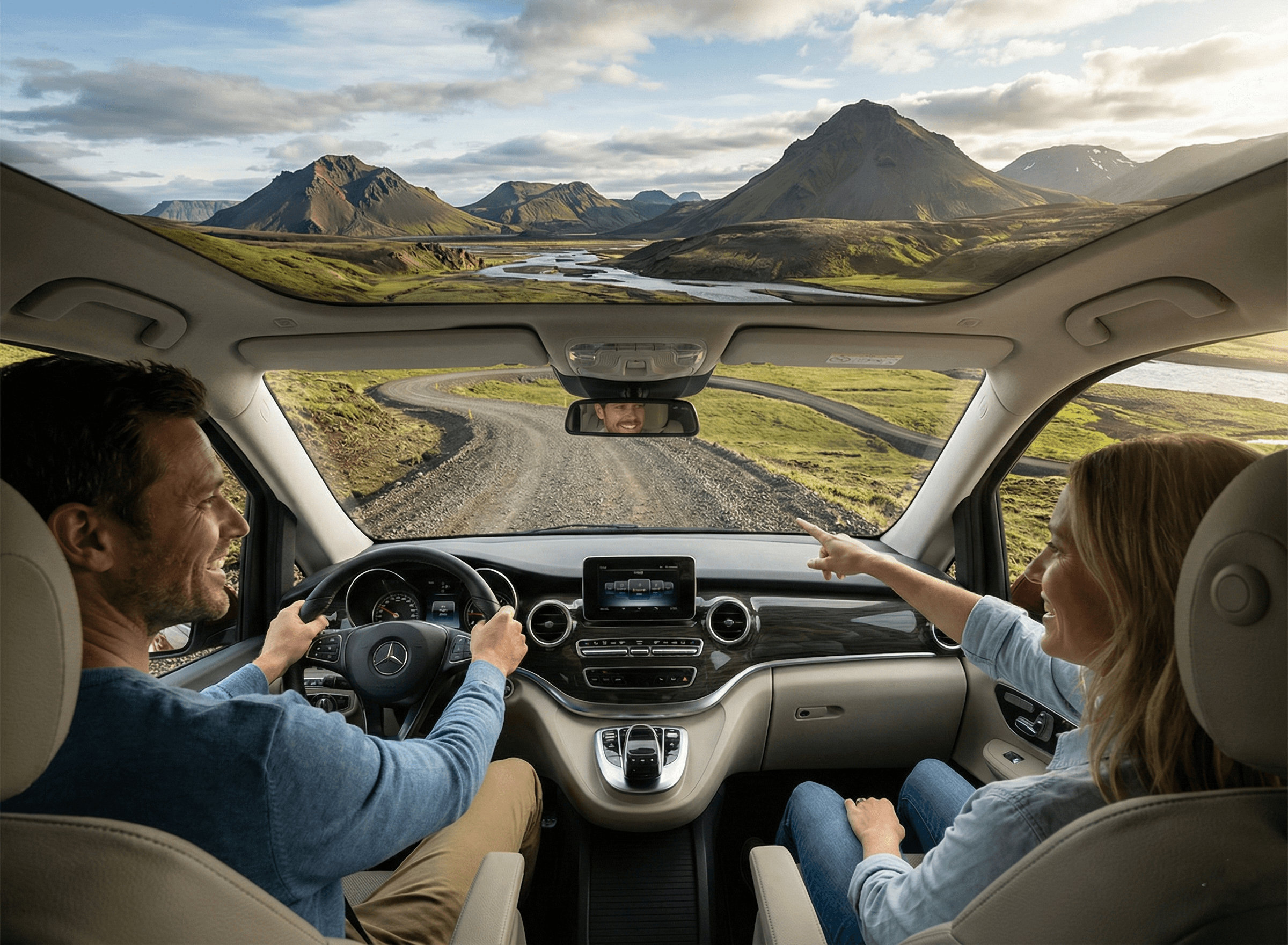 View from inside a car of a smiling couple driving on a gravel road, with the woman pointing towards the landscape through the windshield.