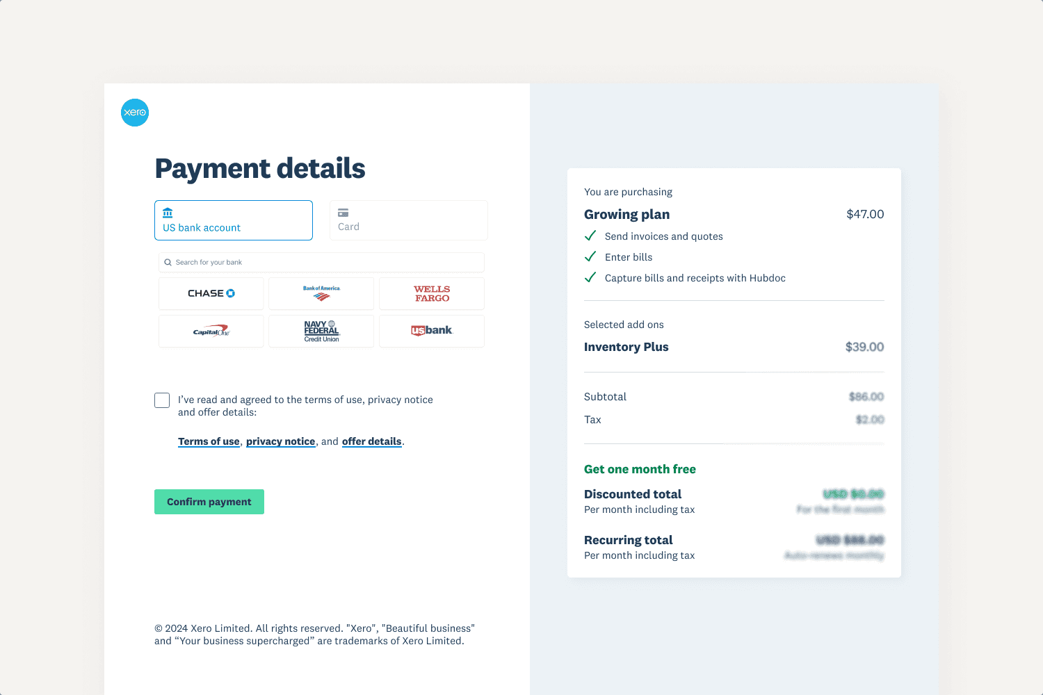 Web checkout interface with payment details form and pricing summary.