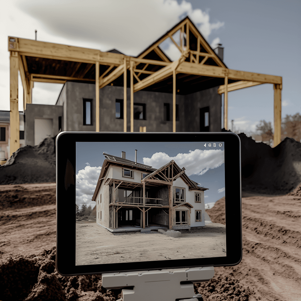Tablet displaying a 3D rendered house design on a construction site with wooden framing structure being built in the background