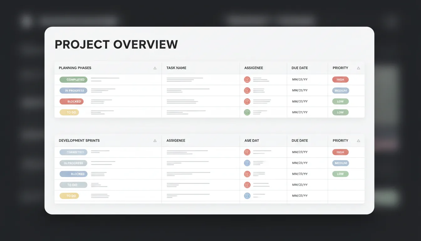 Screenshot of a project management SaaS dashboard, Clean Light Mode, minimalist UI design inspired by Notion. The interface is displayed in a single window with rounded corners on a dark background. The layout features a prominent title, followed by a detailed data grid organized into collapsible sections. The grid contains columns with UI elements representing status, assignee with small user avatar icons, due dates, and priority. Status and priority tags are displayed as rounded pills with muted pastel colors including soft green, blue, pale red, and yellow. All text is replaced with abstracted text lines and placeholder data.