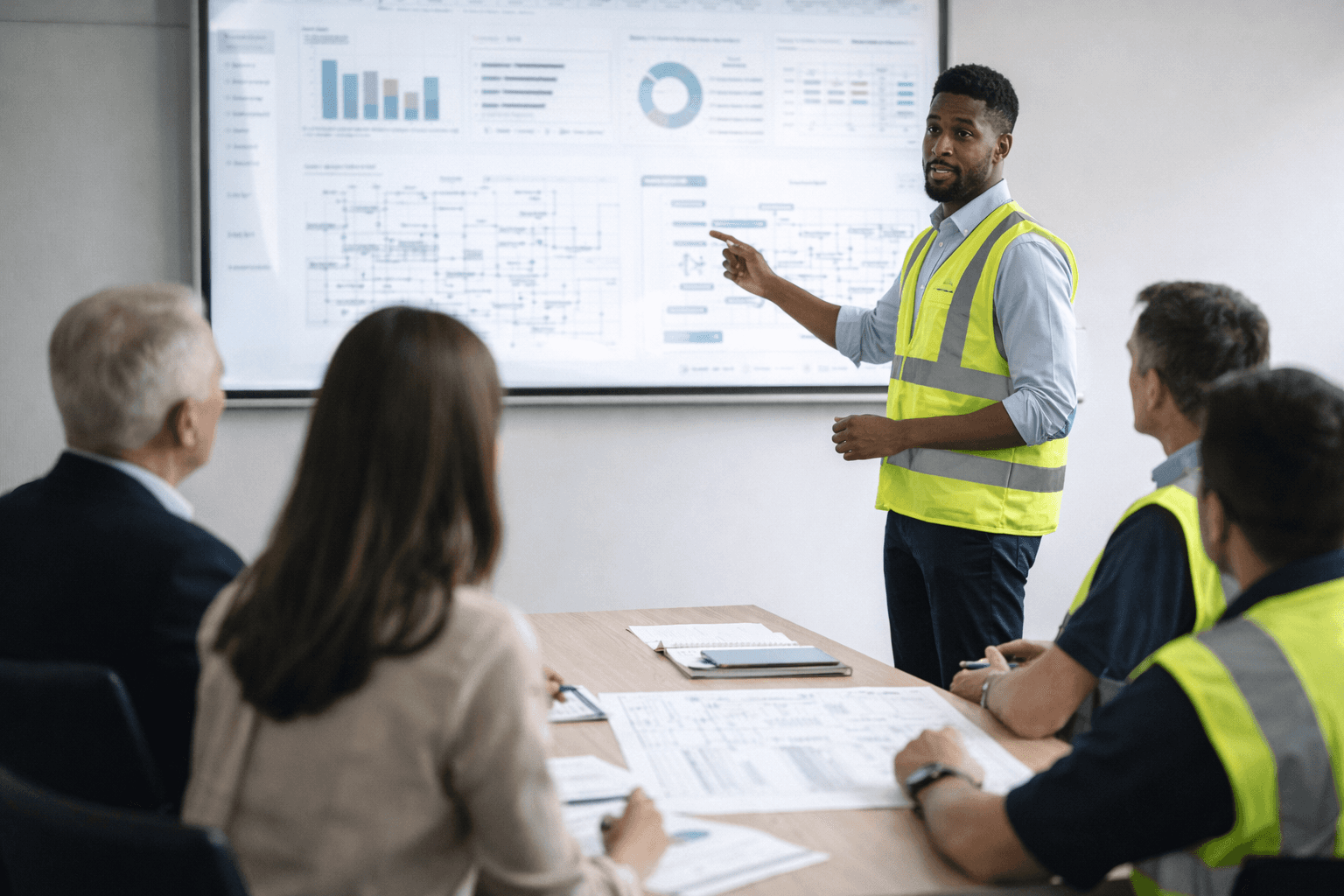 Restitution de livrables dans une salle de réunion