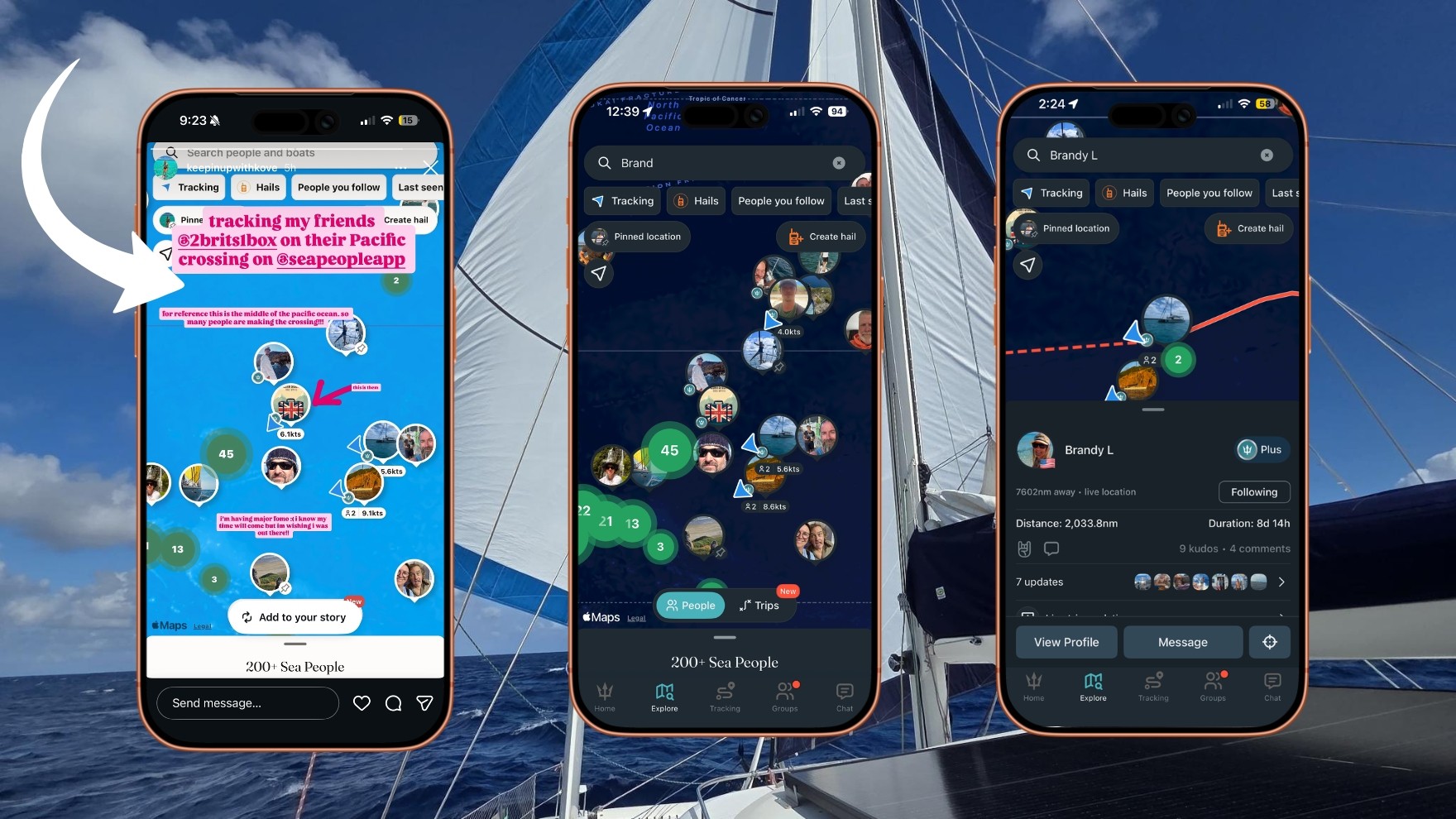 Three phone screens showing the SeaPeople map with live sailing routes across the Pacific Ocean