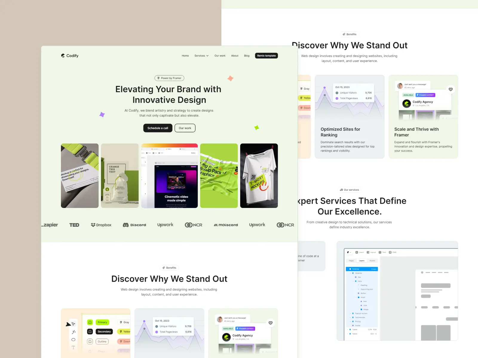 Codify Framer template homepage showcasing services, featured work, and brand partnerships in a clean layout