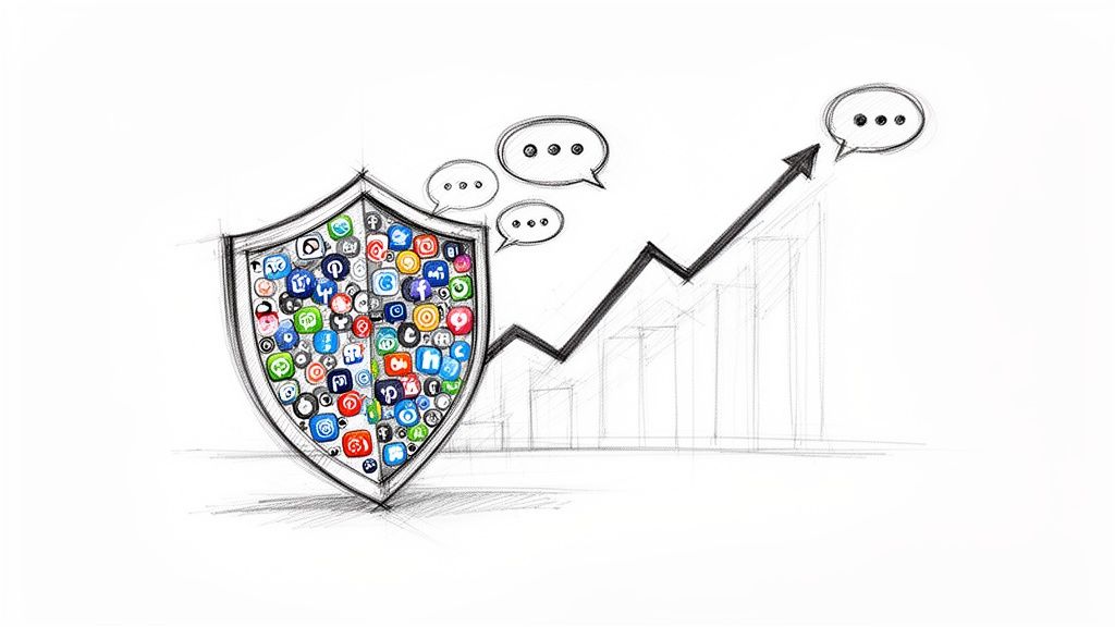 A shield filled with social media app icons, speech bubbles, and an upward trending graph, representing digital reputation management.