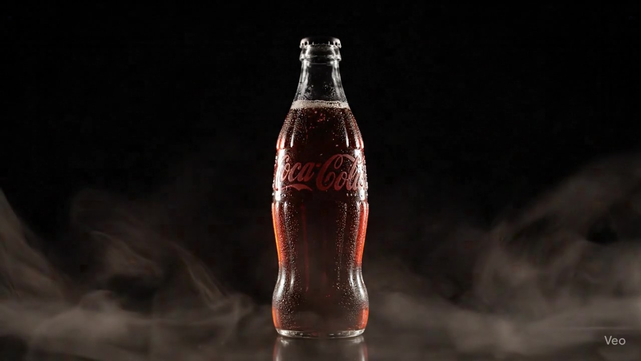 A cinematic AI-generated video thumbnail by Mahendra R for a Coca-Cola advertisement, featuring a chilled glass bottle with condensation centered against a dark background with dramatic swirling smoke at the base.