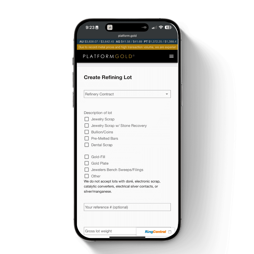 Smartphone displaying the RefineNow digital dashboard for tracking refining lots and settlement status.